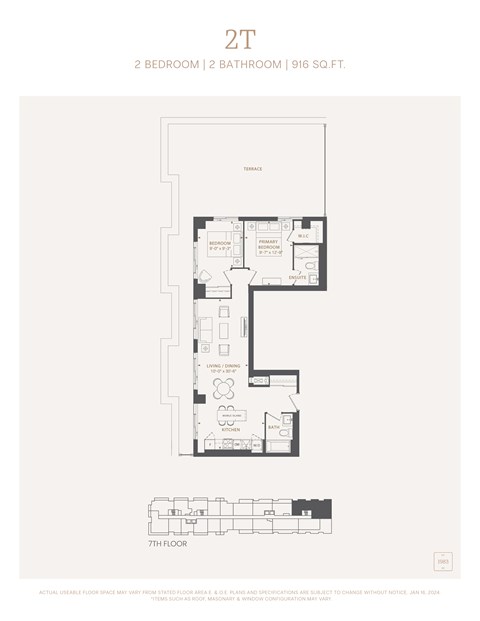 Floor plan for 2 beds, 2 baths, 916 sqft